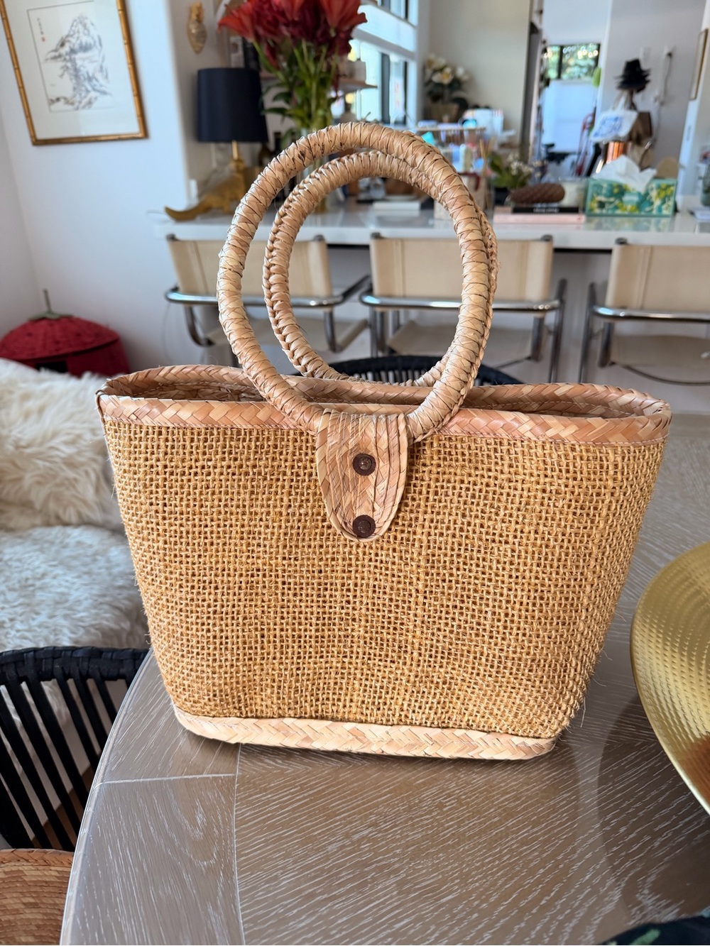 Handwoven Natural Straw Tote Bag with Round Handles